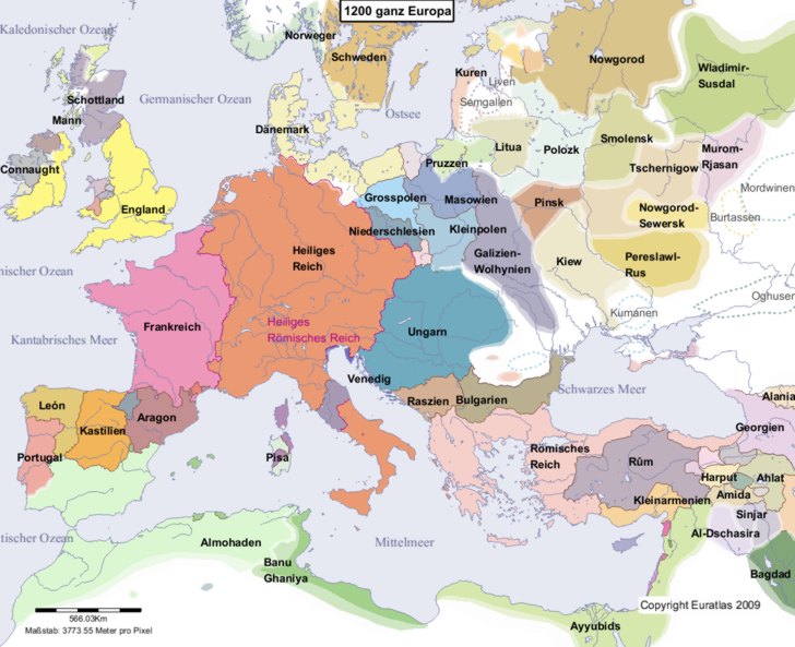 Karte Europas im Jahre 1200