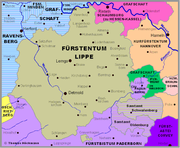 Karte des Fürstentums Lippe und Umgebung