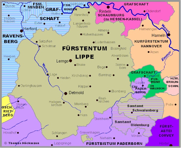 Karte des Frstentums Lippe und Umgebung